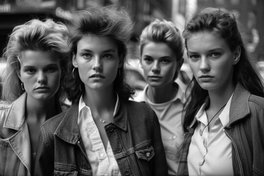 group of female models in fashionable clothes in retro style of the 1990s on city street. Vintage fashion. Generative AI
