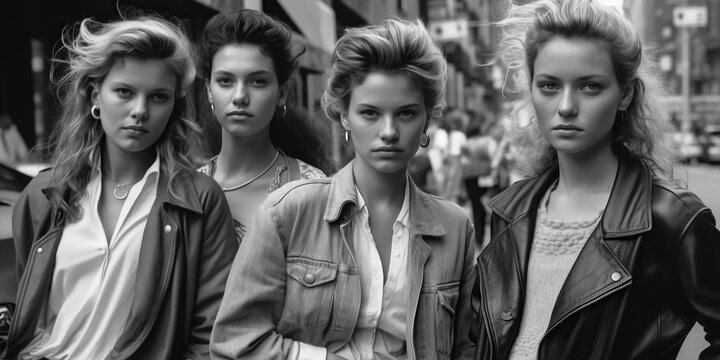 group of fashionable girls models in stylish clothes and hairstyles in retro style of 1980s on city street. Vintage fashion. Generative AI