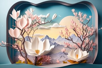 cardboard style. the pink magnolia tree is blooming. the plants are beautiful. generative ai.