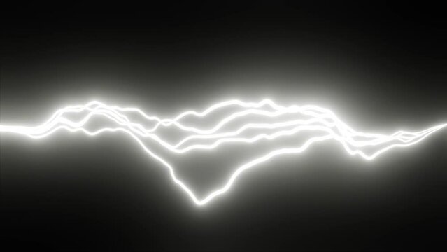 Brightly glowing electric white lightning located horizontally in the center of the screen on a black background. Animation of the effect of electricity and electrical voltage.