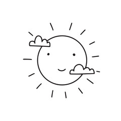 Cute cartoon hand drawn sun drawing. Sweet vector black and white sun drawing. Isolated monochrome doodle sun drawing on white background.