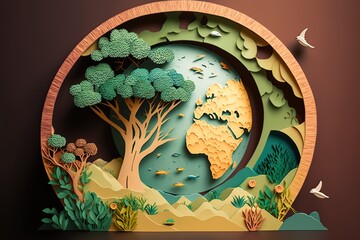 cardboard style. a circle of trees and plants. the concept of nature conservation. generative ai.