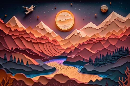 cardboard style. fairytale landscape of mountains above the night sky. generative ai.