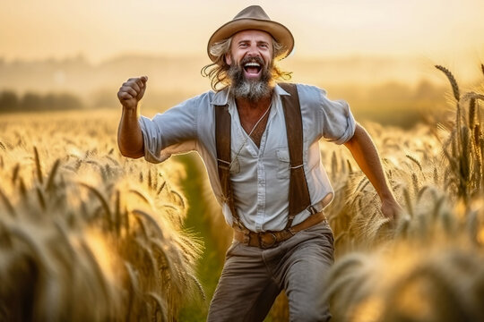 The man in the hat rejoices at the grain harvest. Generative AI