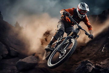 Adventurous Mountain Biking: An exhilarating action shot of a mountain biker navigating rugged trails and conquering challenging terrains, showcasing adrenaline-pumping adventure and appealing to outd