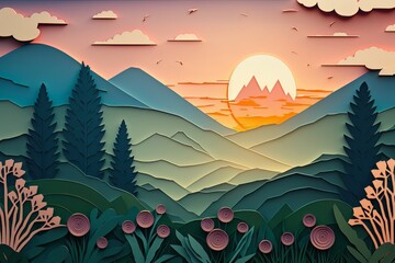 cardboard landscape. sunrise on green hills. generative ai.