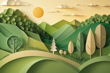 cardboard landscape. green hills with trees and sky with clouds.  generative ai.