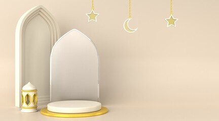 3d white gold islamic podium background. 3D render.