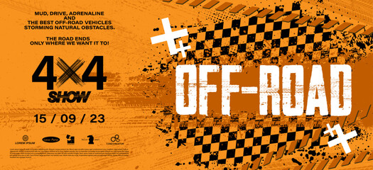 Off-road orange banner with grunge wheel tread marks and flag in grunge style. Off-road, rally, racing grunge banner with tire print and racing flag. Automotive 4x4 Banner, poster, event. Vector © SergeyBitos