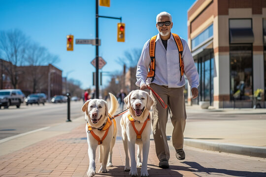 Guide dogs help a visually impaired elderly person walk. Generative AI