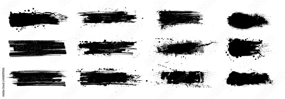 Poster brush stroke, ink splashes stencil, traces of beautiful grunge paint. paint brush with black inked s