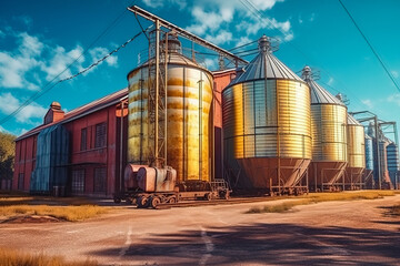Fototapeta premium Agricultural tanks for storage and drying of grain, wheat. Generative AI