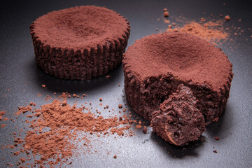 chocolate cupcake or muffin sprinkled with cocoa powder on dark background