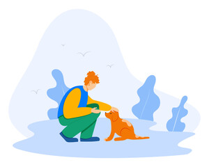 Human care about homeless animals. Young lady sitting outside and petting dog. Volunteers helping dogs concept. Vector flat illustration in blue and green colors