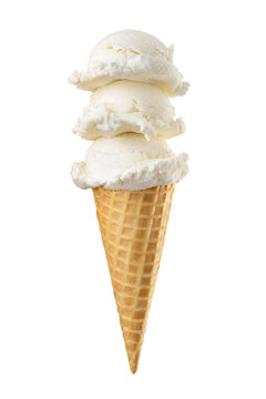 Vanilla ice cream with three scoops served on a waffle cone isolated. Transparent PNG image.