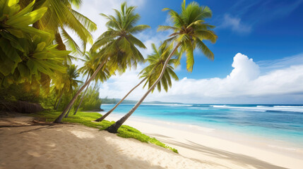 Fototapeta na wymiar Sand beach with palm trees on tropical island in summer