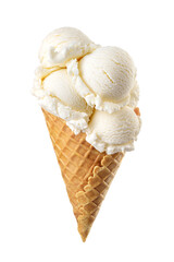 Vanilla ice cream with lot of scoops served on a waffle cone isolated. Transparent PNG image.