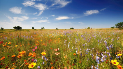 Fototapeta premium Colorful wildflowers blooming in field or meadow in summer