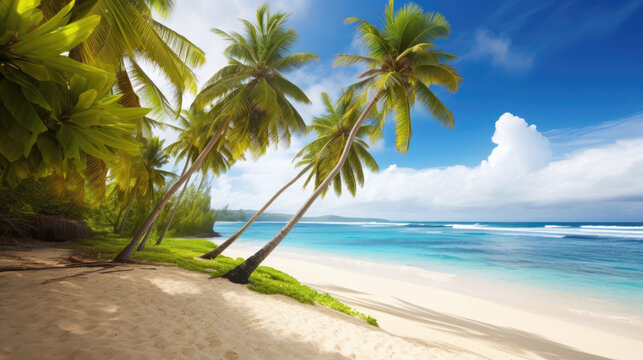 Sand beach with palm trees on tropical island in summer