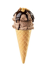 Chocolate brown ice cream scoop with chocolate and nuts topping served on a waffle cone isolated....