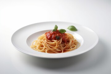 Delicious Plate of Spaghetti with Tomato Sauce and Basil Leaf on White Background. 