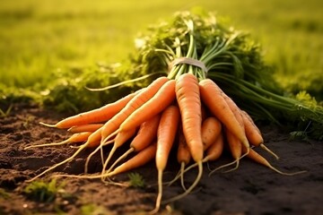 Fresh, ripe carrots on the field. Generative AI