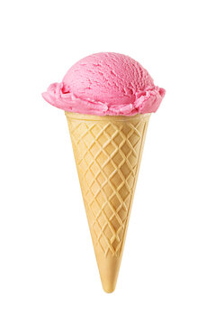 Pink ice cream scoops served on a waffle cone isolated, Taste of strawberry, fruit, raspberry, berry, cherry, candy. Transparent PNG image.