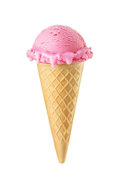 Melting pink ice cream scoops served on a waffle cone isolated. Transparent PNG image.