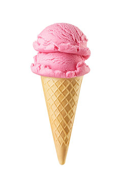 Pink ice cream scoops served on a waffle cone isolated. Transparent PNG image.