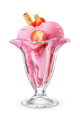 Strawberry pink ice cream scoops served on a tulip sundae glass cup isolated. Transparent PNG image.