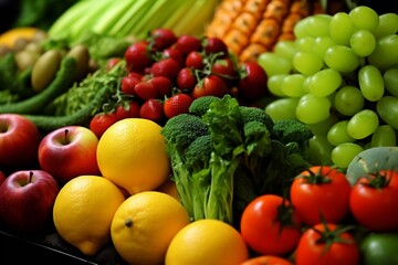 Fototapeta na wymiar Fruits and vegetables looking gorgeous in black background. Generative AI