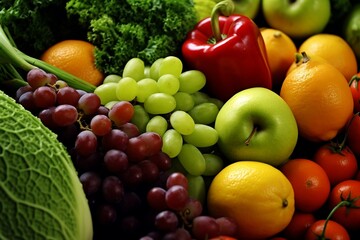 Naklejka na ściany i meble Fruits and vegetables looking gorgeous in black background. Generative AI