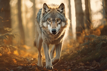 Fototapeta premium Wolf walking in an autumn forest, Generative AI
