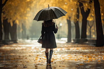 Back view of a woman with umbrella in autumn park, Generative AI - obrazy, fototapety, plakaty