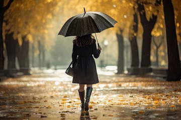 Fotobehang Back view of a woman with umbrella in autumn park, Generative AI © Aleksandr Bryliaev