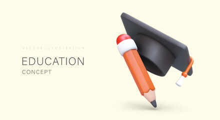 Fototapeta na wymiar Time to study. Educational vector concept. 3D pencil, academic cap. Graduated specialists, certified education. Template on light background, free part for text