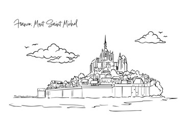 France, Mont Saint Michel with hand drawing concept, print, doodle, vector illustration (Vector)