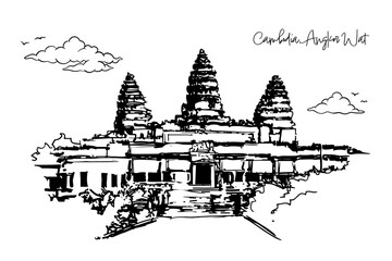 Cambodia, Angkor Wat with hand drawing concept, print, doodle, vector illustration (Vector)
