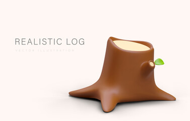 Realistic log with green leaf. 3D tree stump with roots in cute cartoon style. Poster for tourist business. Camping in forest, firewood. Banner on light background with place for text