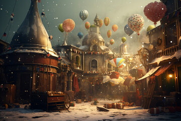 Obraz premium Beautiful New Year illustration, snow landscape fireworks and falling snow. AI generated.