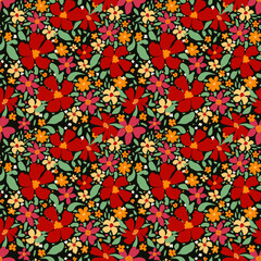 Bright floral carpet seamless fashion textile print. Trendy seamless botanical textile print. Red flowers floral fabric pattern, hand drawn, vector. Fashion textile pattern. Ditsy style