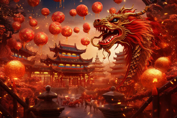 Celebration Chinese new year in china town. Dragon and paper red lanterns. AI generated.