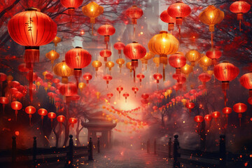 Obraz na płótnie Canvas Celebration Chinese new year in china town. Dragon and paper red lanterns. AI generated.