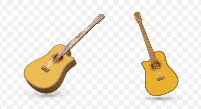 3D guitar with notches for right and left handed players. Modern musical instrument with strings. Color isolated vector image. Equipment for concert. Front and side view