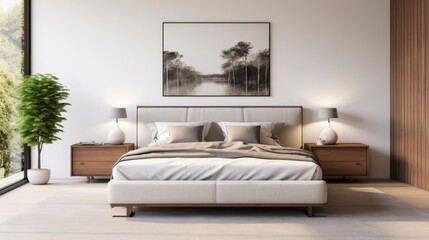 Modern minimalistic style bedroom. Generative AI