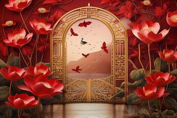 traditional chinese door. Chinese new year background. AI generated.
