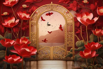 Gordijnen traditional chinese door. Chinese new year background. AI generated. © xartproduction
