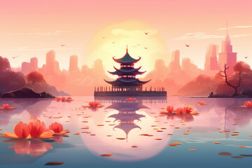 beautiful chinese city scenery illustration. AI generated.