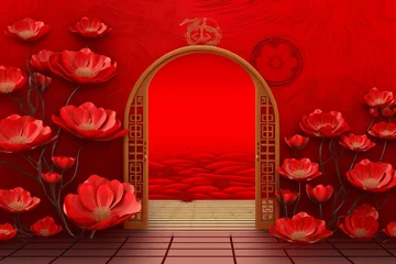 Foto op Plexiglas traditional chinese door. Chinese new year background. AI generated. © xartproduction