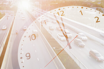 Image of expressway to countryside show transportation traffic flow at noon time with double image effect of clock and bright light.Image use for travel and transportation background.